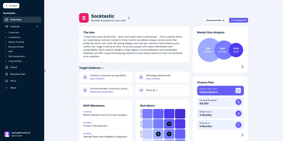 Foundor.ai business planning dashboard showing market size analysis, financial plan, MVP details, and target audience insights.