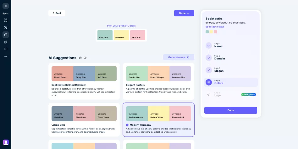 Branding interface in Foundor.ai showing the color palette selection.