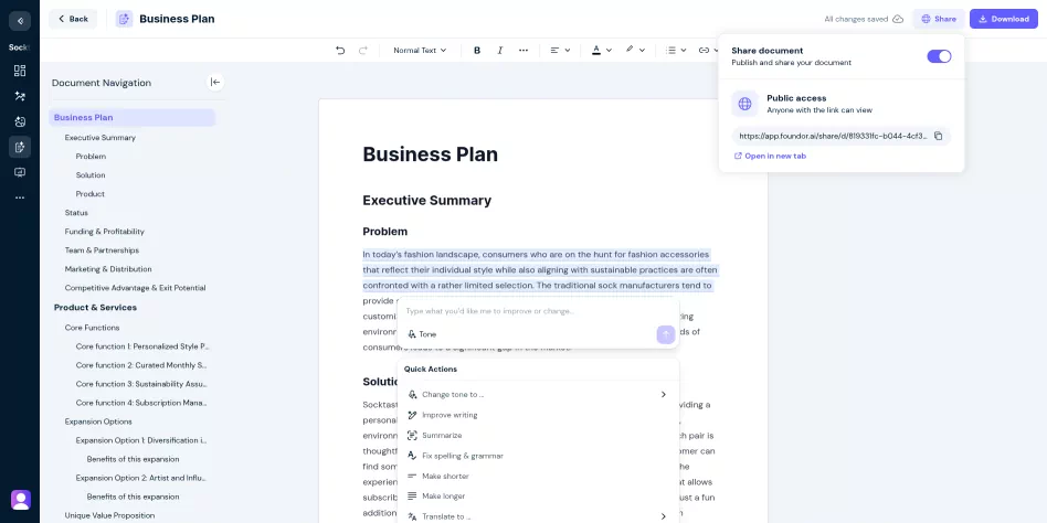 Foundor.ai business plan editor with AI editing capabilities.